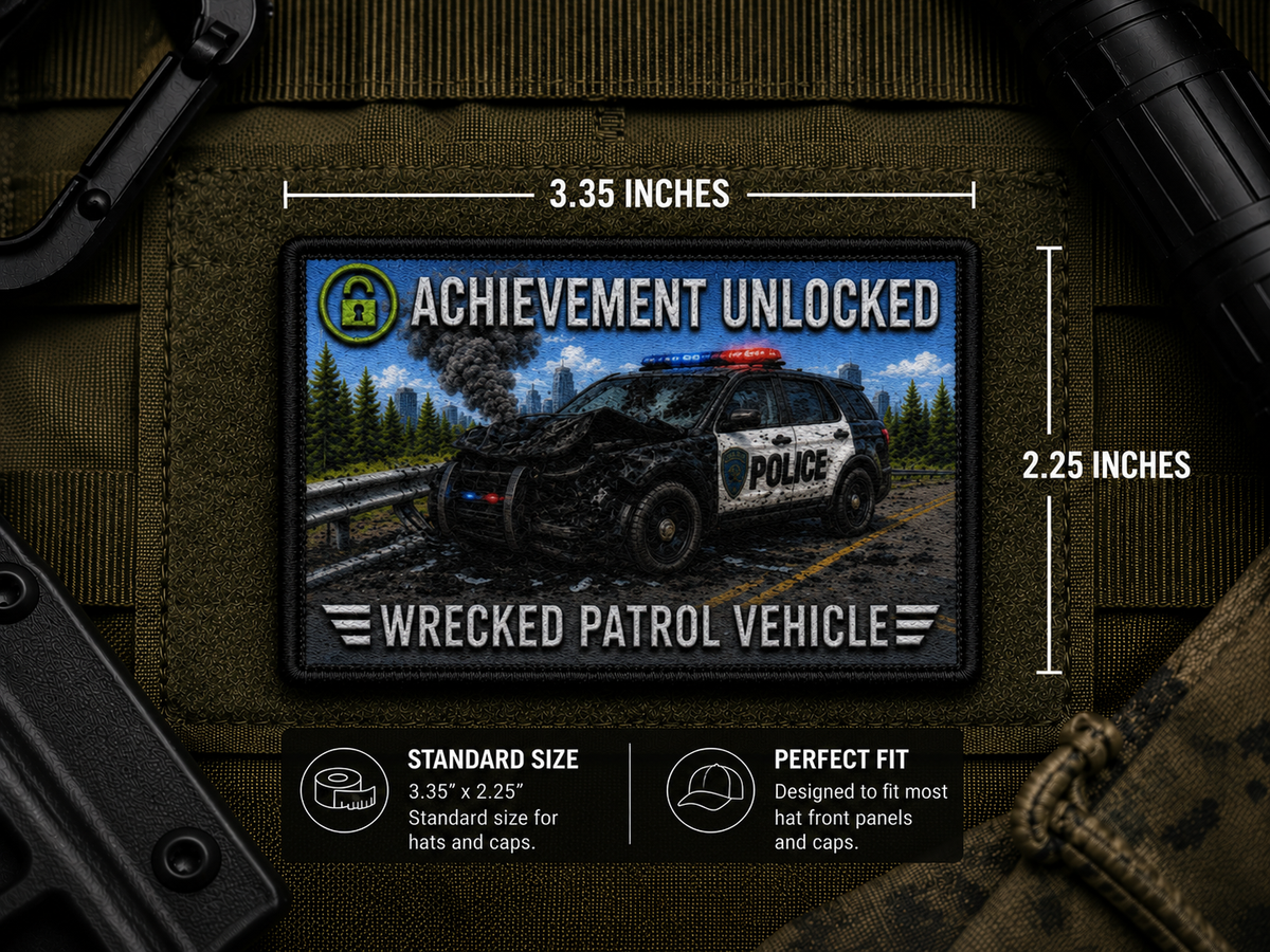 Wrecked Patrol Vehicle Achievement Patch with dimensions and backing feature information.