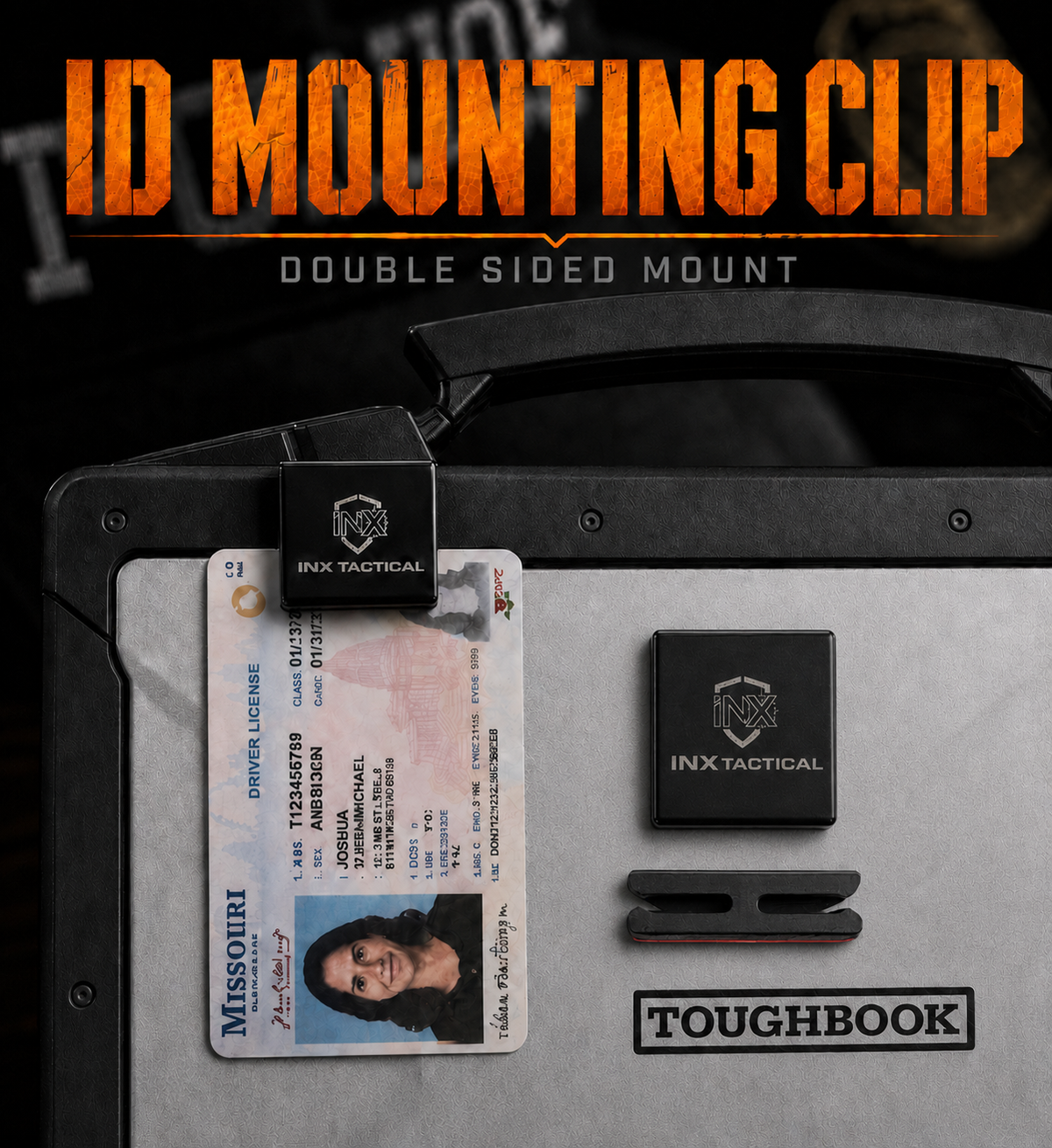 ID Mounting Clip product graphic showing the item and its features.