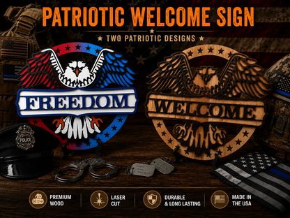 Patriotic Welcome Sign product graphic showing the item and its features.