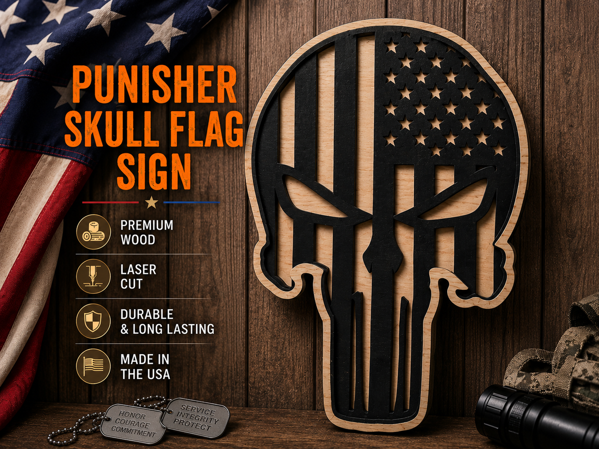 Punisher Skull Flag Sign product graphic showing the item and its features.