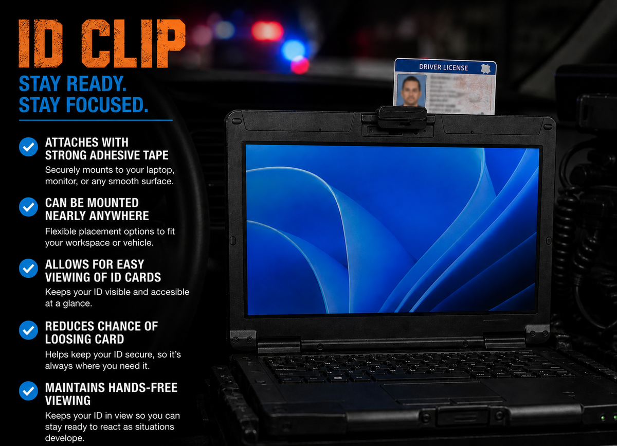 ID mounting clip holding identification beside a patrol laptop, with mounting information.