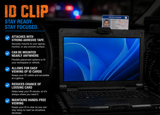 ID mounting clip holding identification beside a patrol laptop, with mounting information.