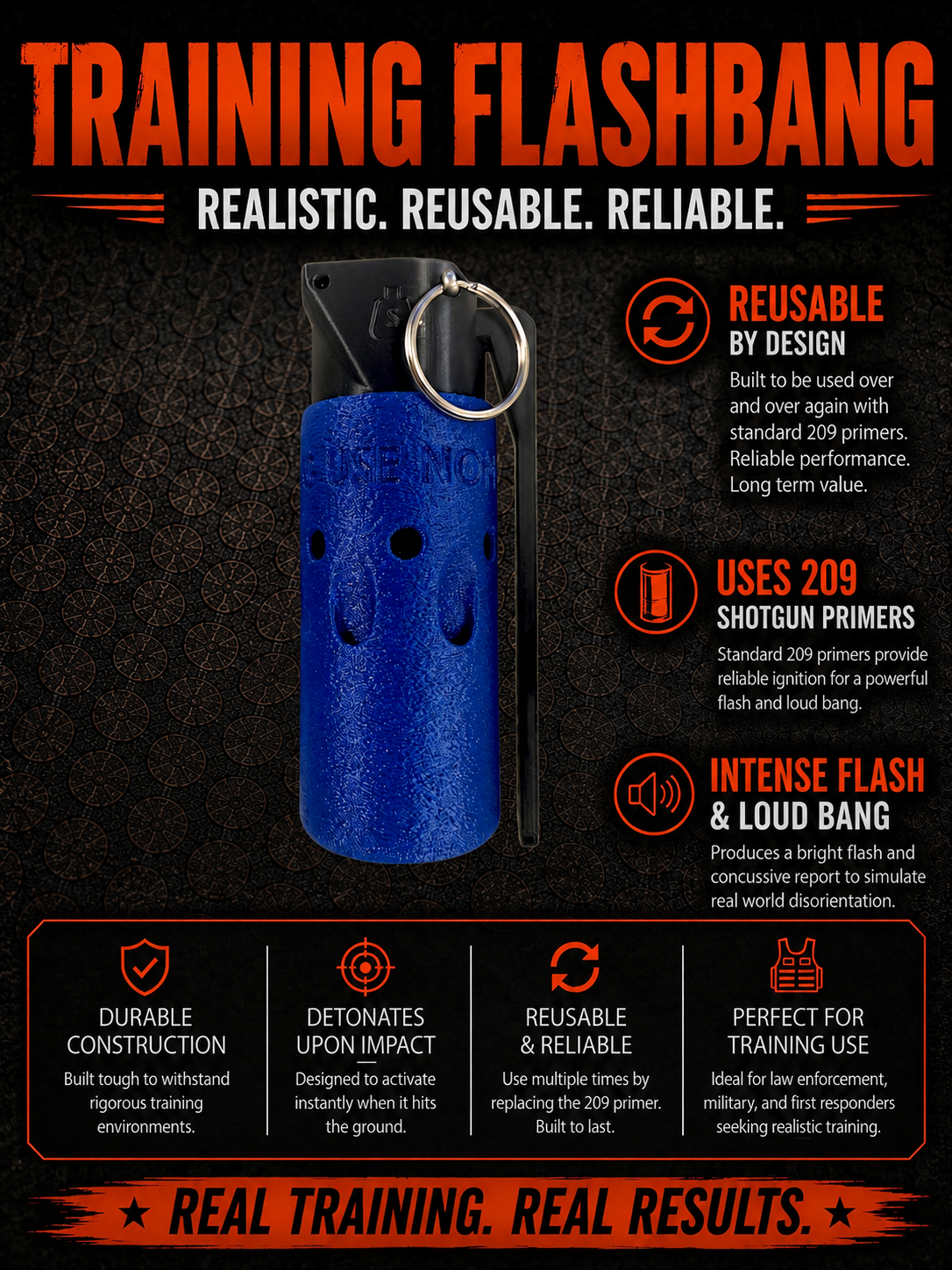 Training flashbang product graphic showing a blue training device and model information.