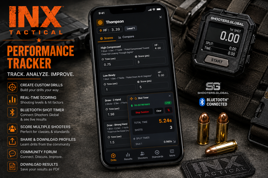 INX Tactical Performance Tracker app graphic with phone and shot timer.