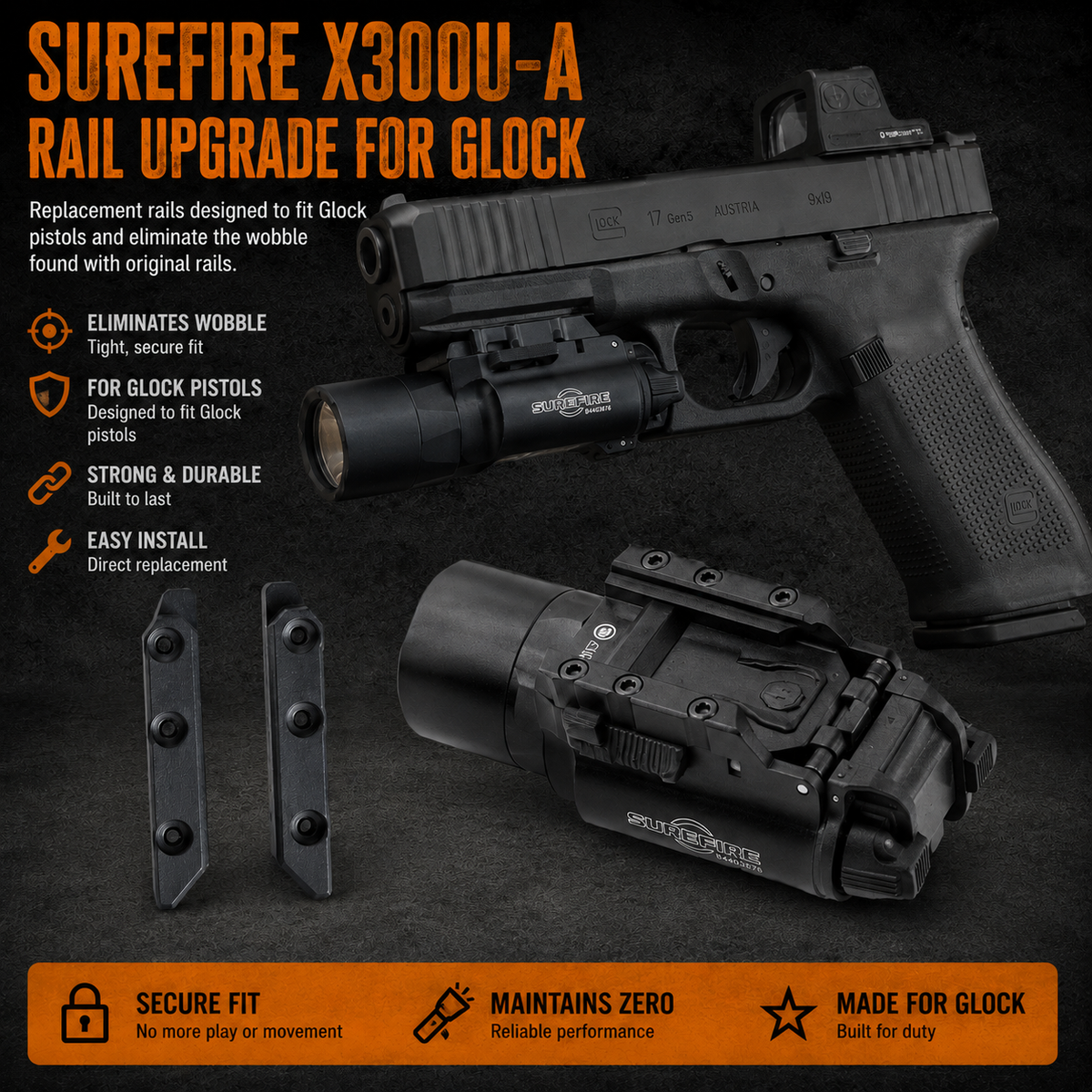 Surefire X300U-A Rail Upgrade For Glock product graphic showing the item and its features.
