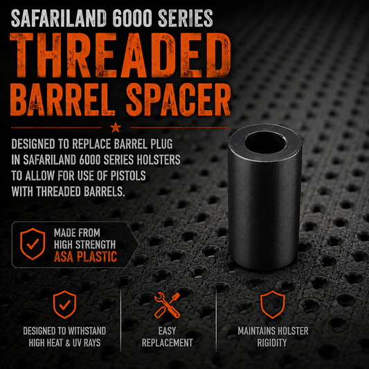 Safariland 6000 threaded barrel spacer product graphic showing spacer shapes and compatibility information.
