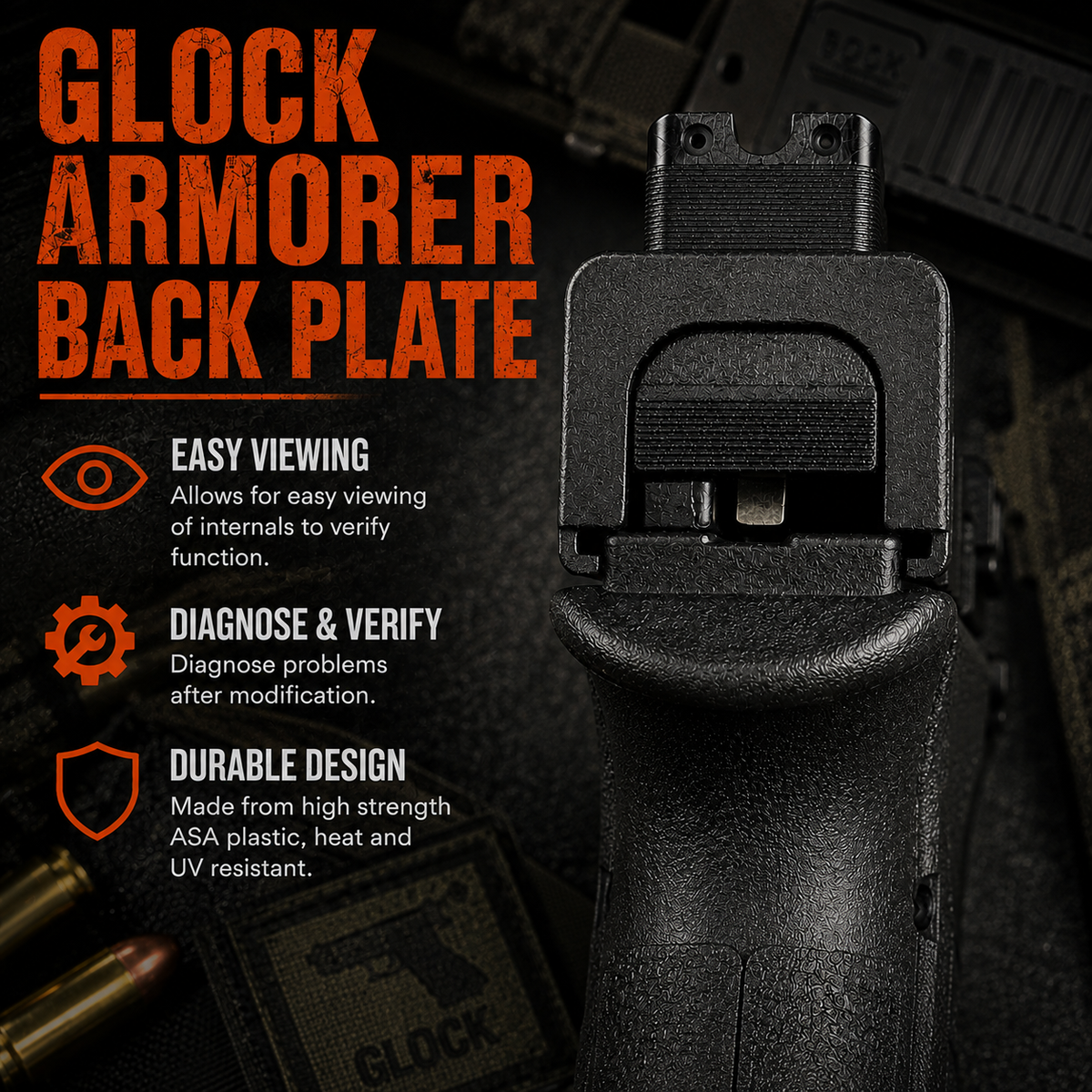 Glock armorer inspection back plate shown at the rear of a pistol slide.