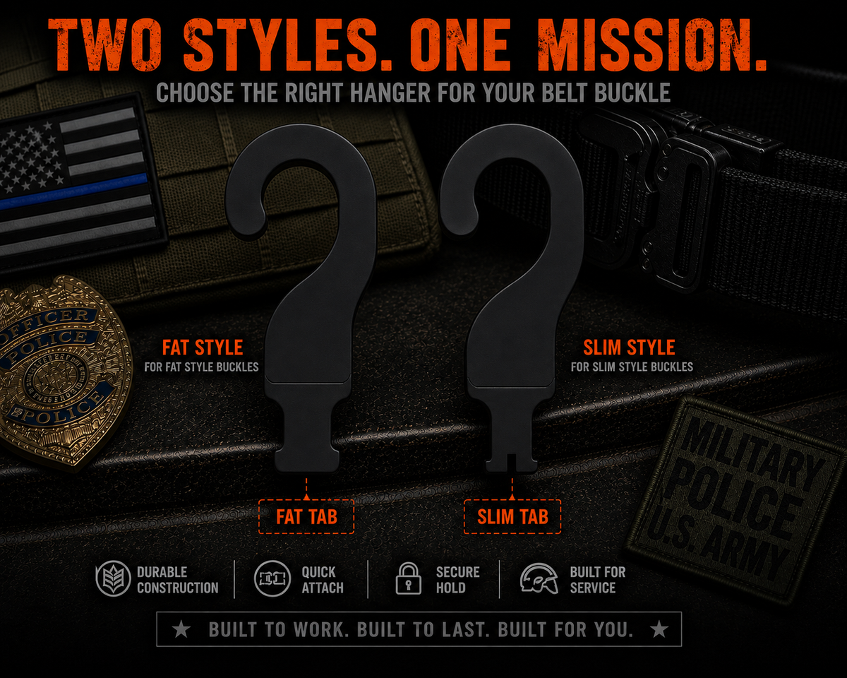 Two styles of Cobra-style belt hanger with belt width and buckle fit details.