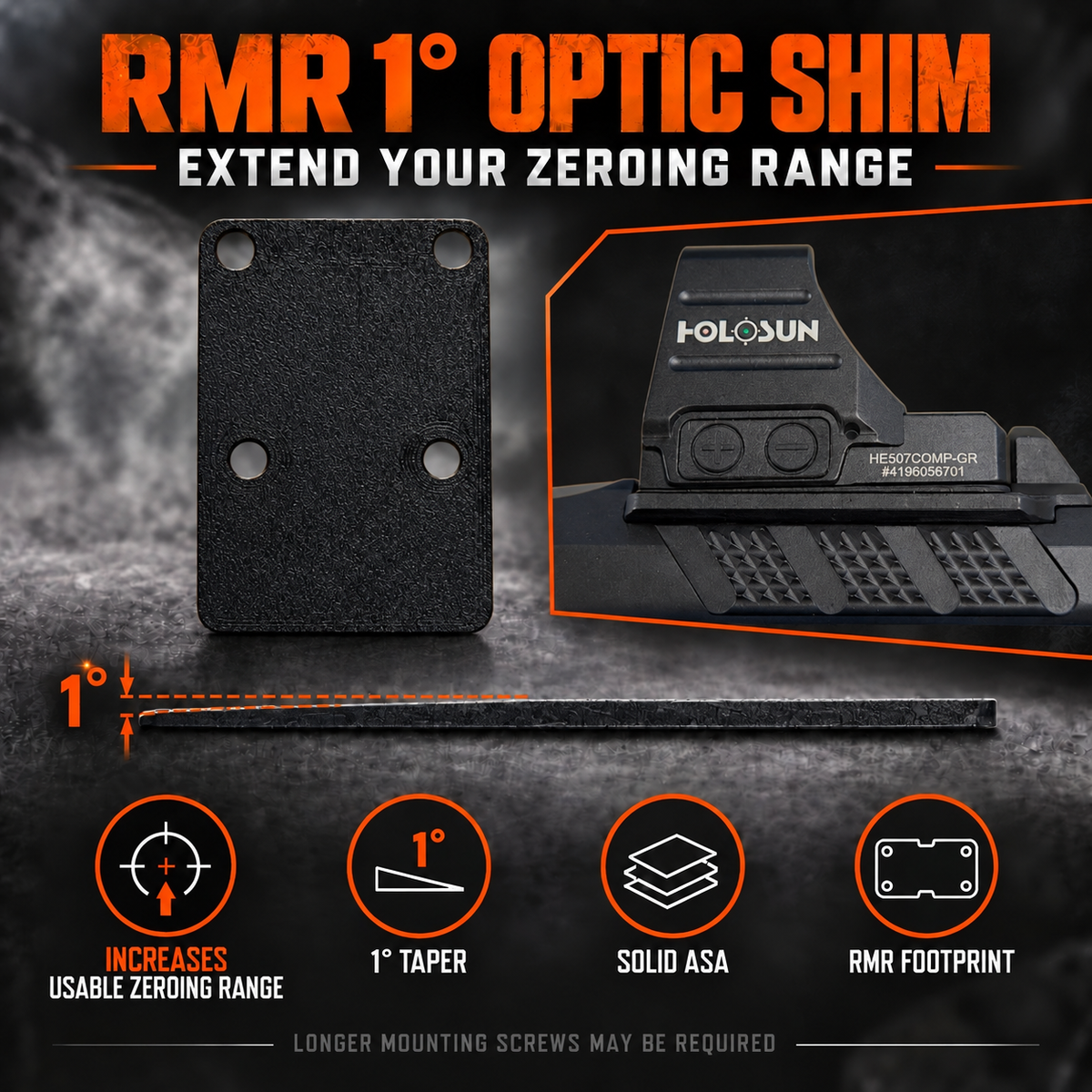 RMR one-degree optic shim beside a pistol optic, with installation position indicated.