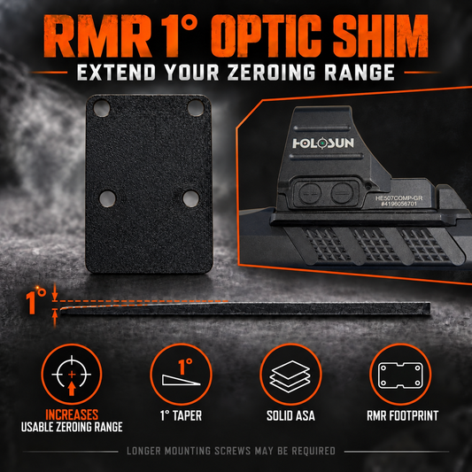 RMR one-degree optic shim beside a pistol optic, with installation position indicated.