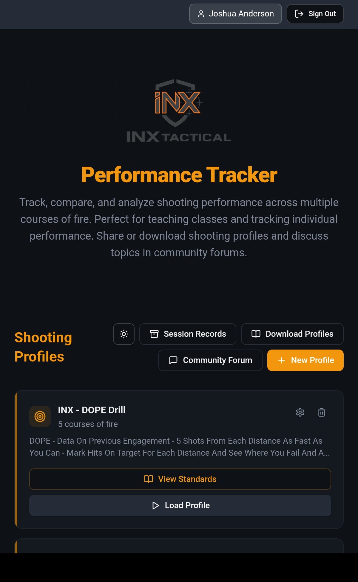Performance Tracker home screen with shooter profile and shooting level.
