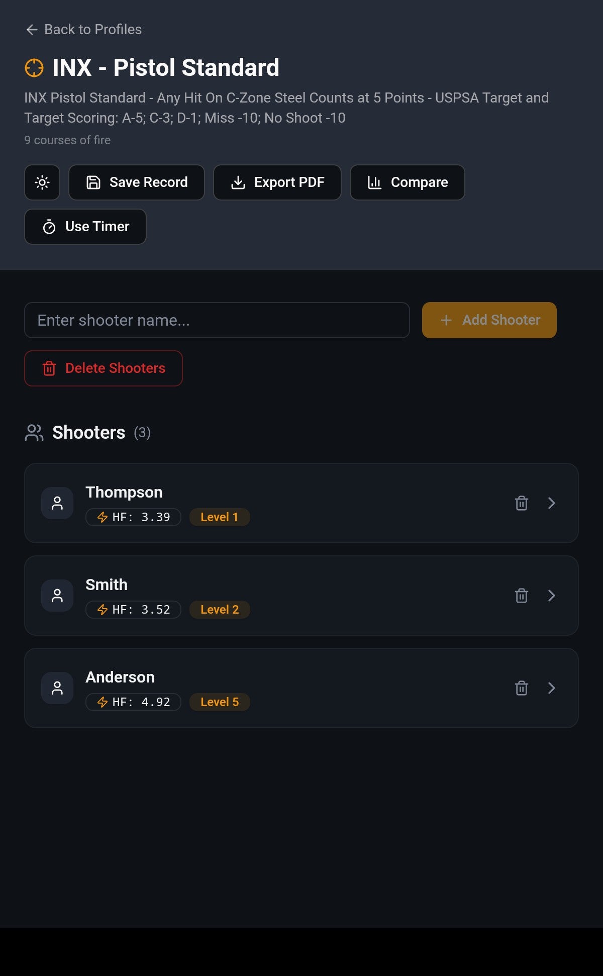 Performance Tracker pistol drill scoring screen.