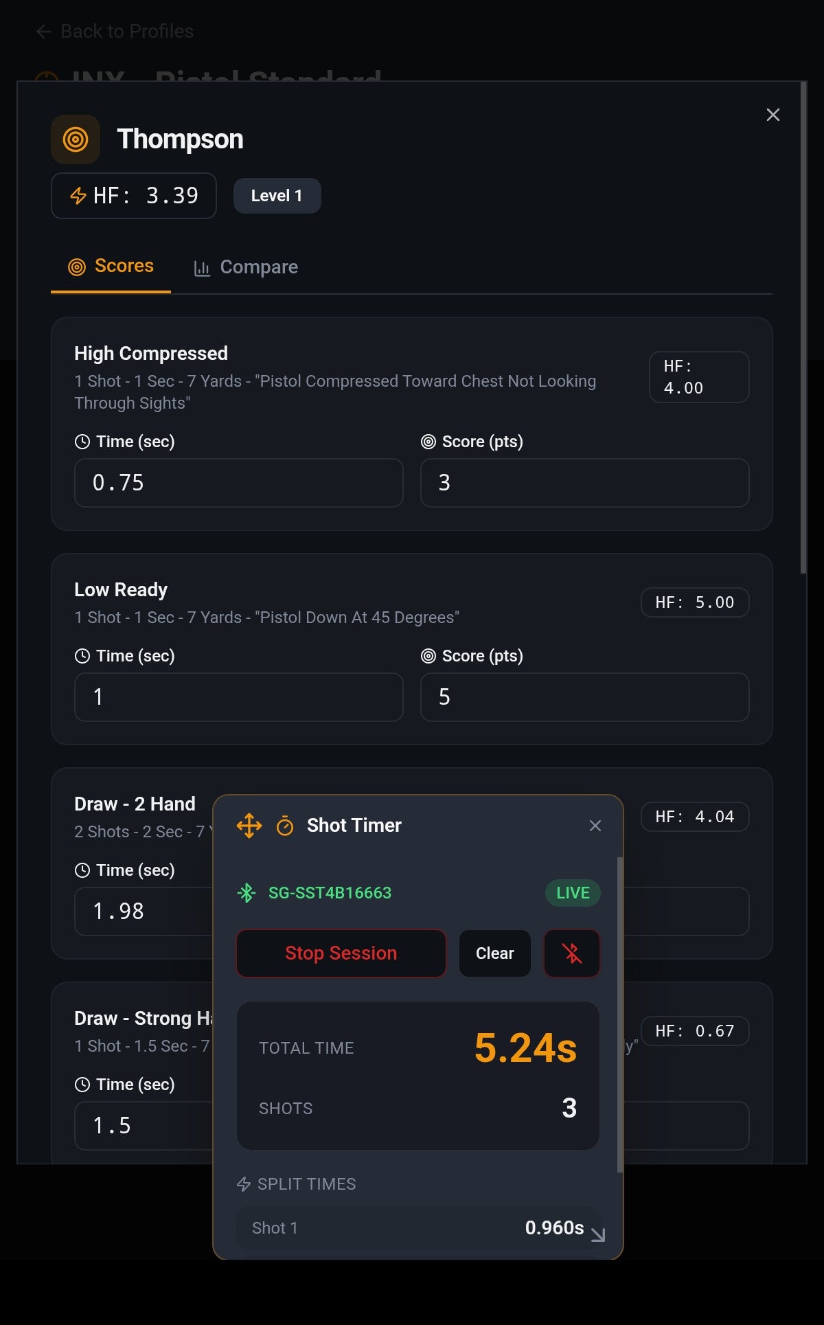 Performance Tracker scoring screen with timer and performance information.