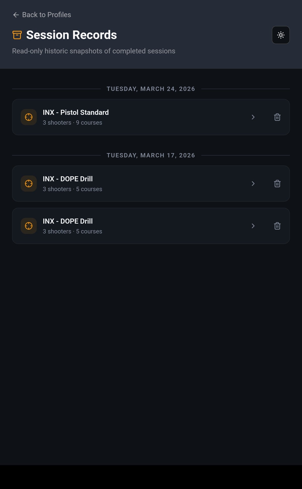 Performance Tracker sessions list.