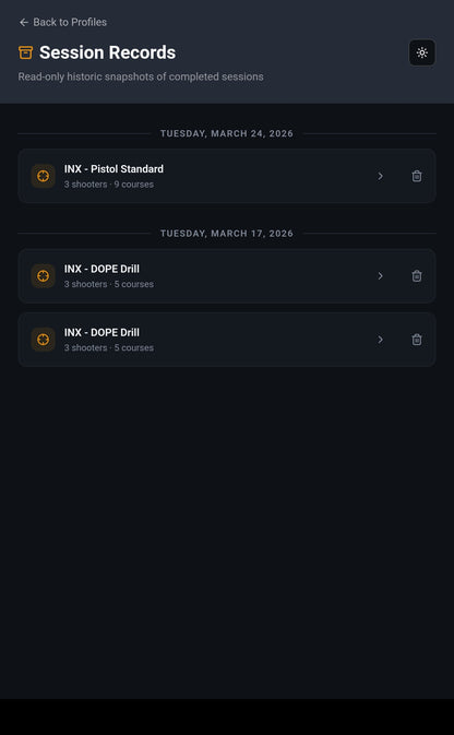 Performance Tracker sessions list.