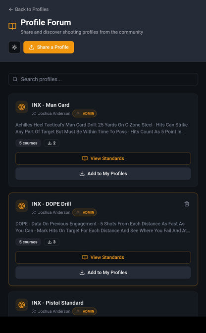 Performance Tracker profile form with shooter information fields.