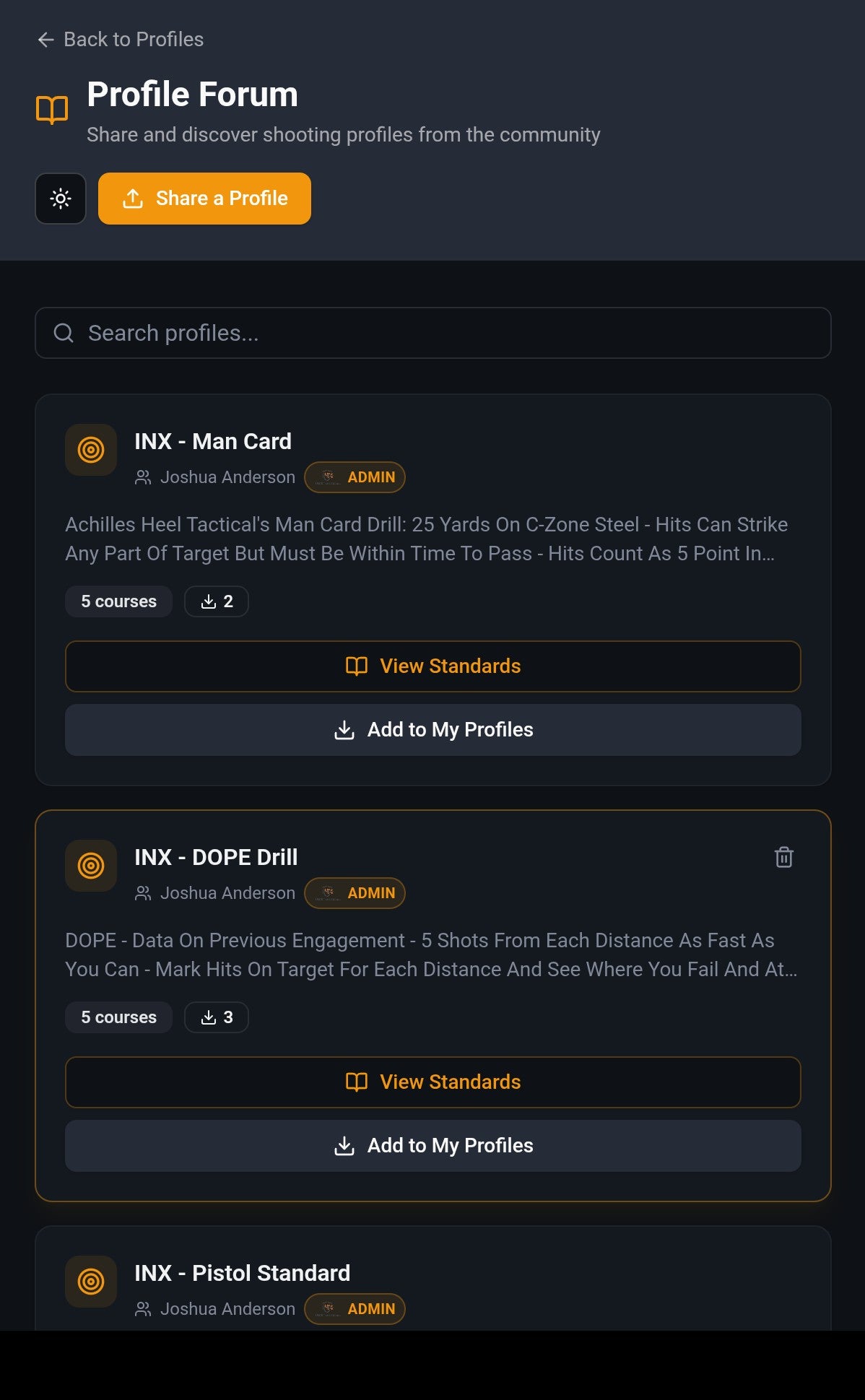 Performance Tracker profile form with shooter information fields.