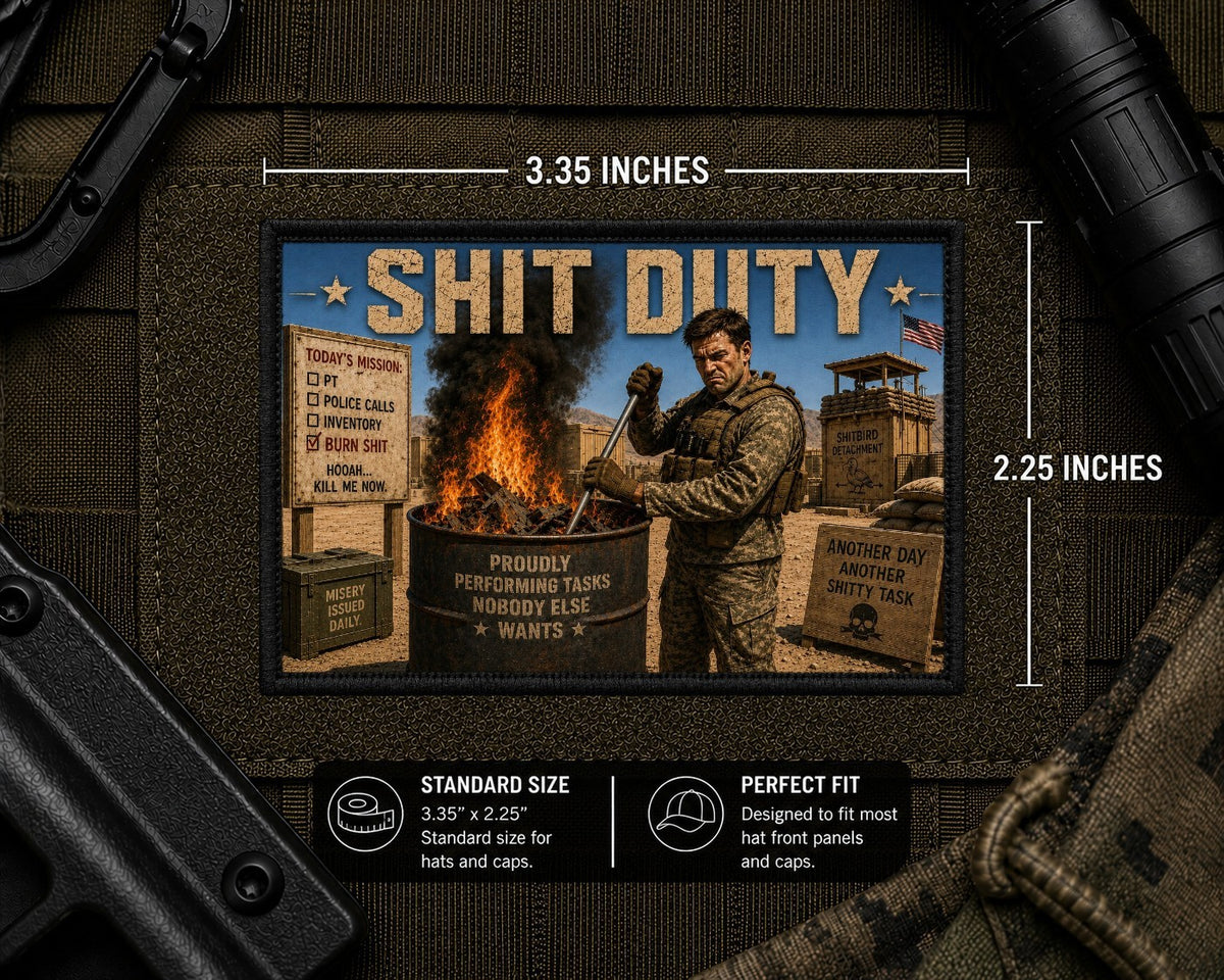 Shit Duty Patch with dimensions and backing feature information.