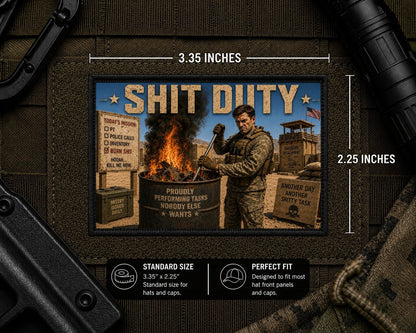 Shit Duty Patch with dimensions and backing feature information.