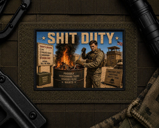 Shit Duty Patch design with a black border on tactical gear.