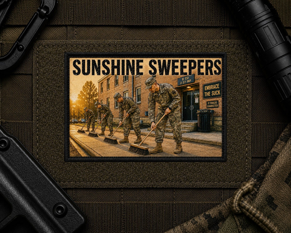 Sunshine Sweeping Patch design with a black border on tactical gear.