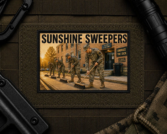 Sunshine Sweeping Patch design with a black border on tactical gear.