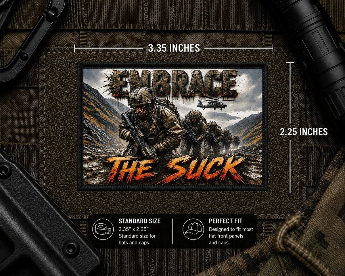 Embrace The Suck Patch with dimensions and backing feature information.