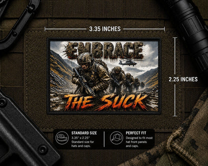 Embrace The Suck Patch with dimensions and backing feature information.