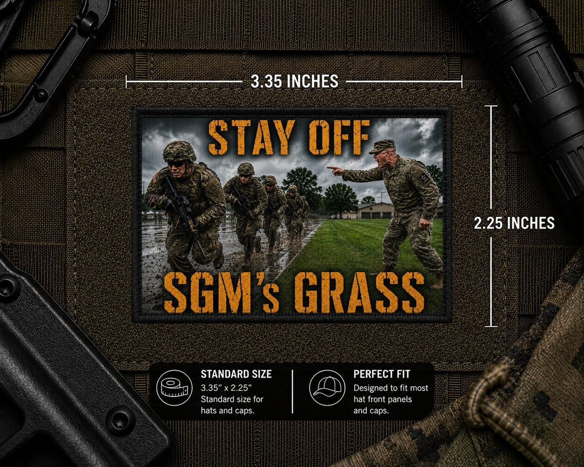 Stay Off The Grass Patch with dimensions and backing feature information.