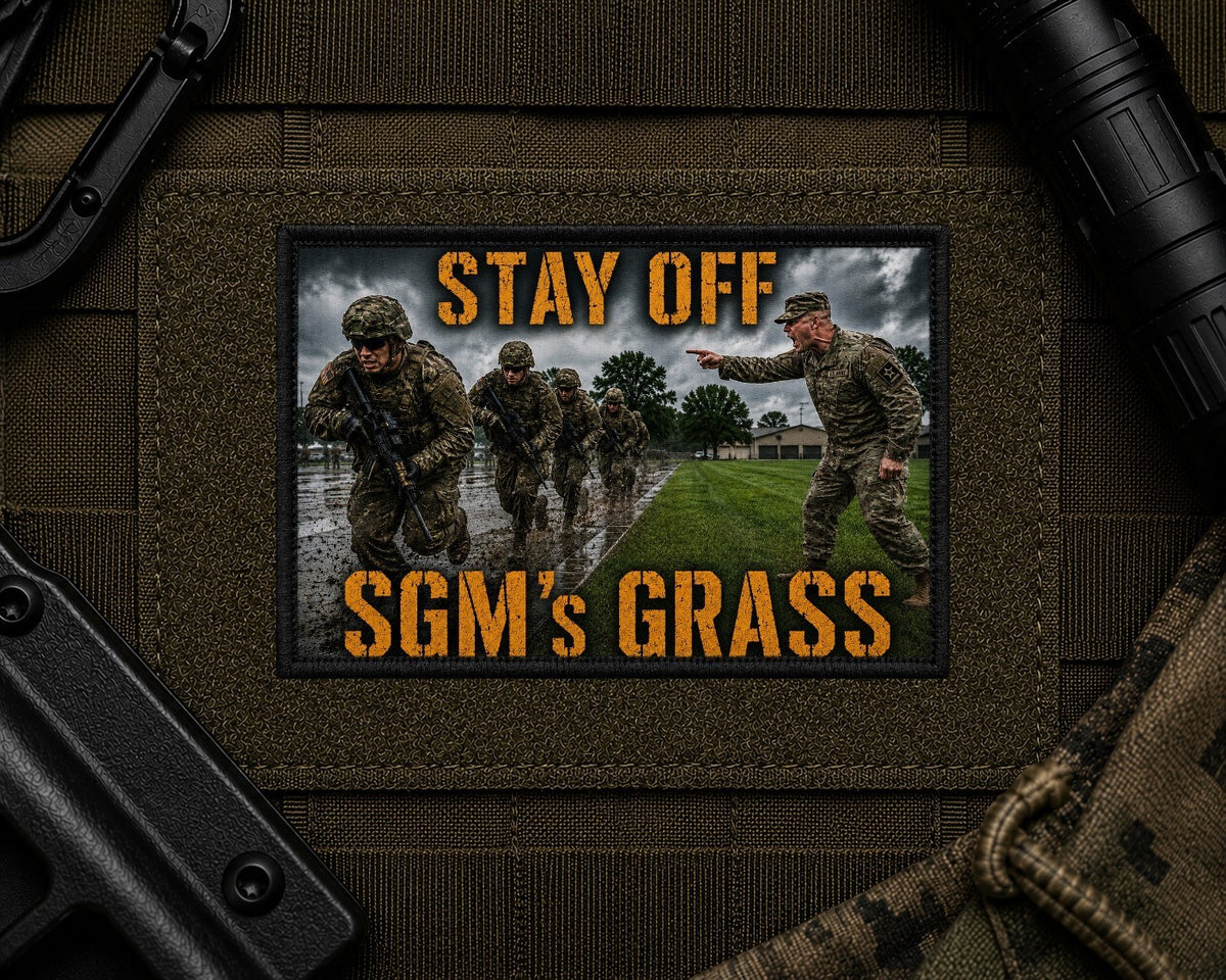 Stay Off The Grass Patch design with a black border on tactical gear.