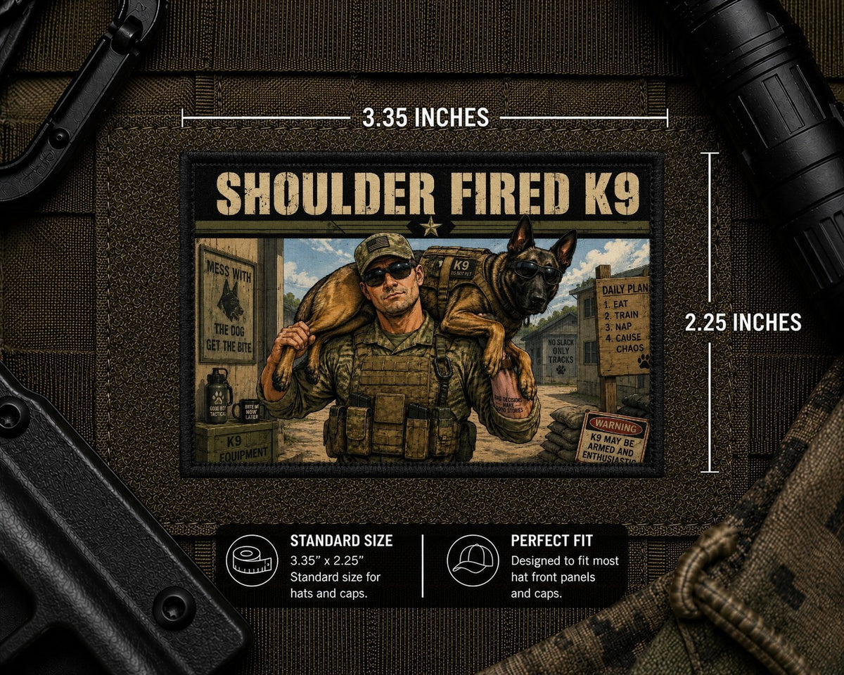 Shoulder Fired K9 Patch with dimensions and backing feature information.