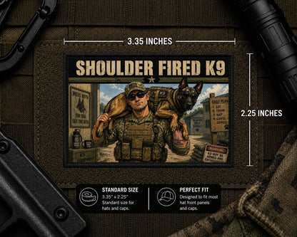 Shoulder Fired K9 Patch with dimensions and backing feature information.