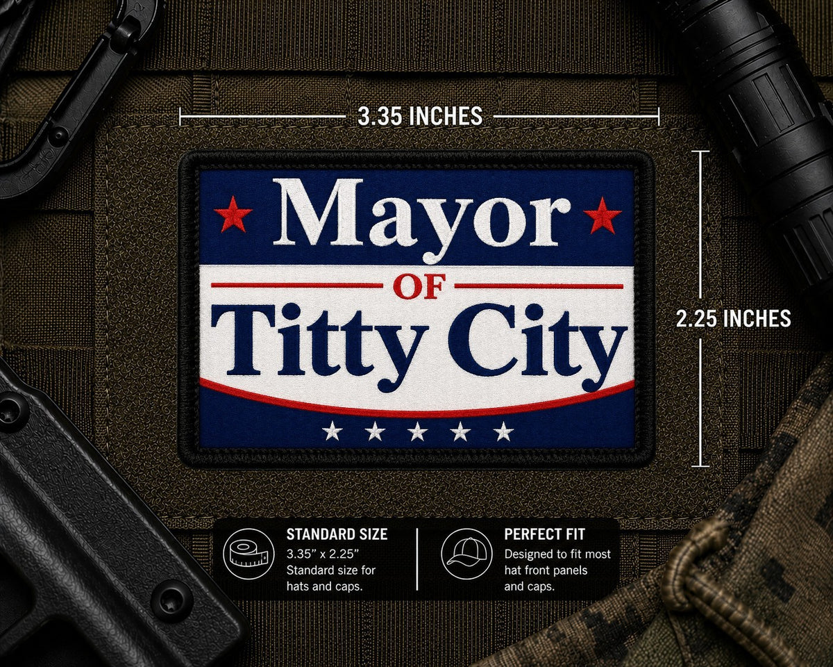 Mayor Of Titty City Patch with dimensions and backing feature information.