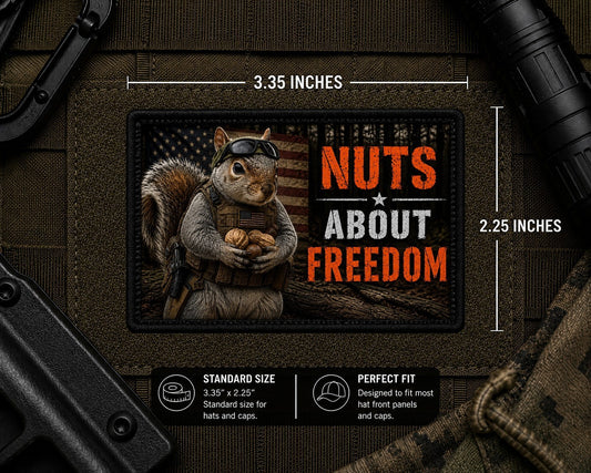 Nuts About Freedom Patch with dimensions and backing feature information.