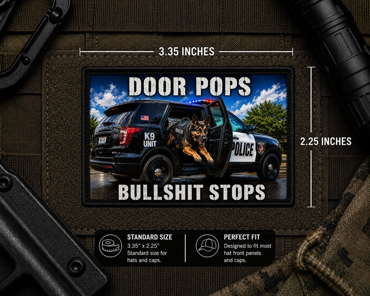 Door Pops Bullshit Stops Patch with dimensions and backing feature information.