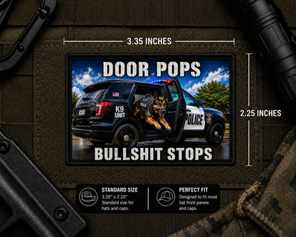 Door Pops Bullshit Stops Patch with dimensions and backing feature information.