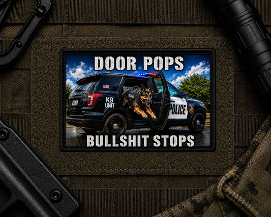 Door Pops Bullshit Stops Patch design with a black border on tactical gear.