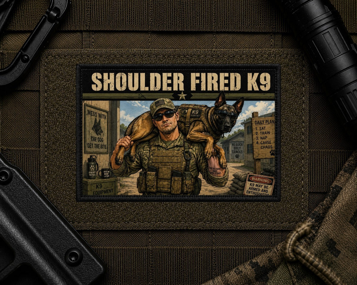 Shoulder Fired K9 Patch design with a black border on tactical gear.