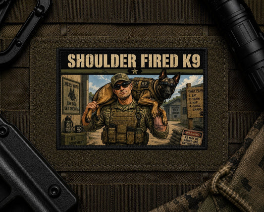 Shoulder Fired K9 Patch design with a black border on tactical gear.