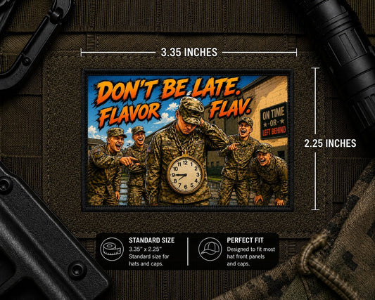 Dont Be Late Patch with dimensions and backing feature information.