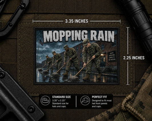 Mopping Rain Patch with dimensions and backing feature information.