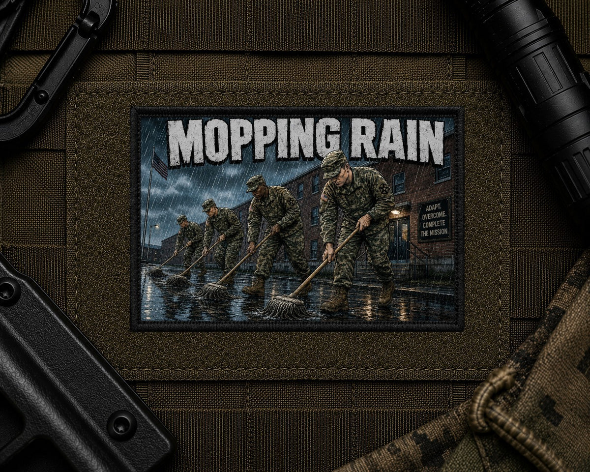Mopping Rain Patch design with a black border on tactical gear.