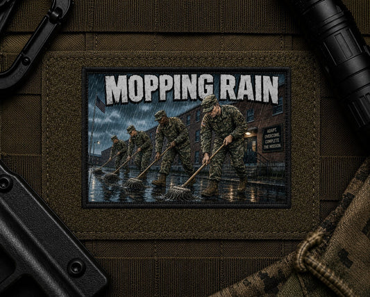 Mopping Rain Patch design with a black border on tactical gear.