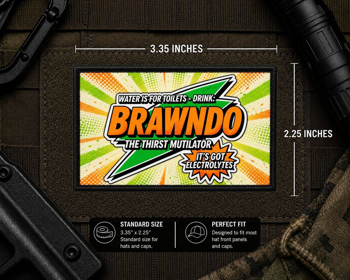 Brawndo The Thirst Mutilator Patch with dimensions and backing feature information.