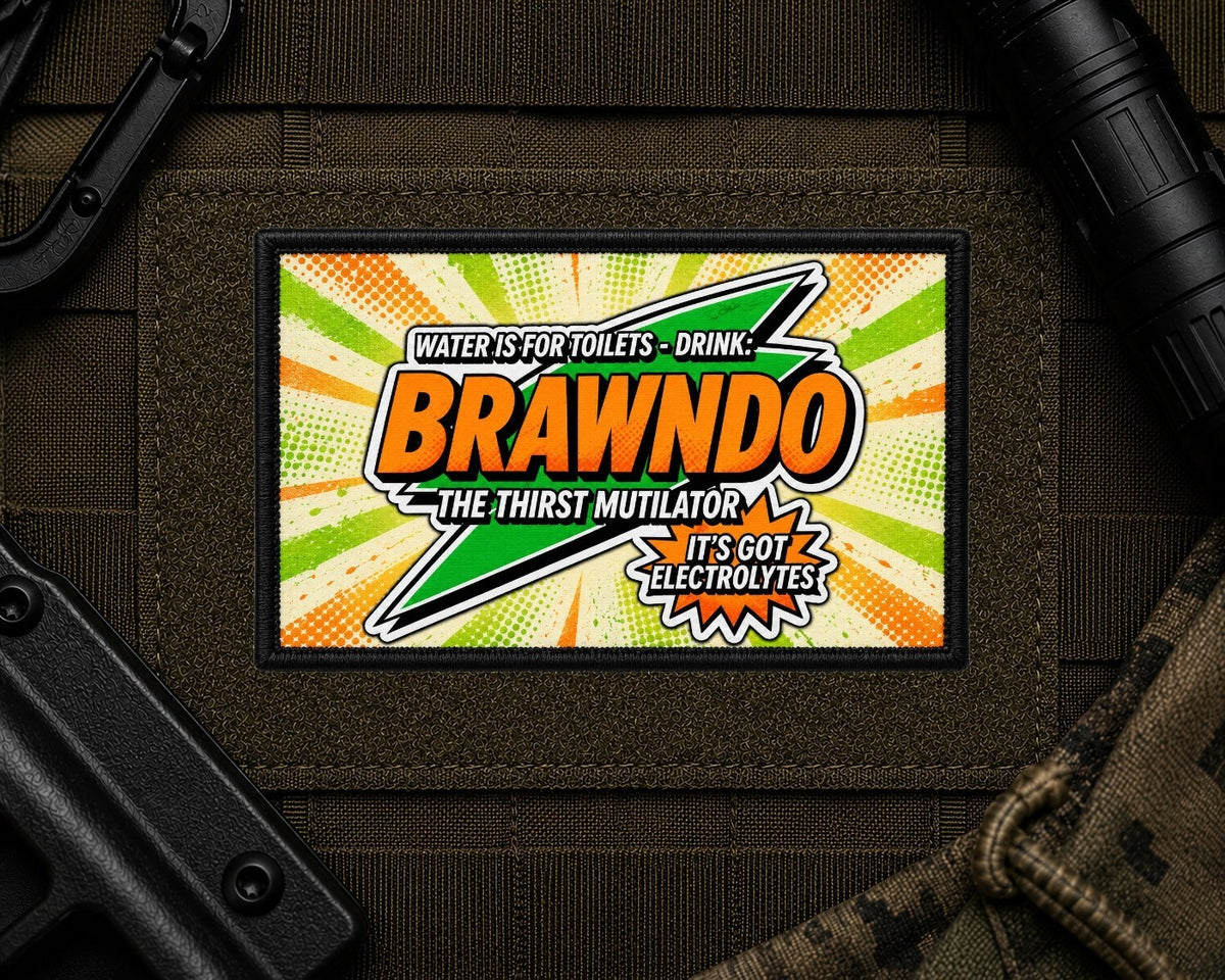 Brawndo The Thirst Mutilator Patch design with a black border on tactical gear.