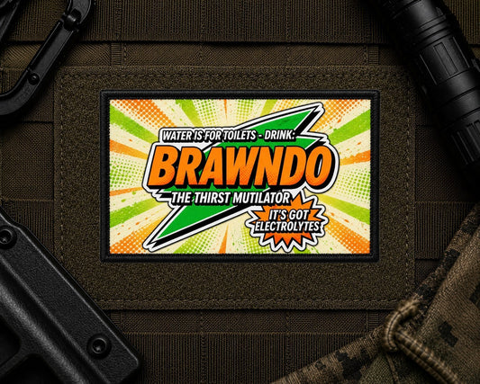 Brawndo The Thirst Mutilator Patch design with a black border on tactical gear.