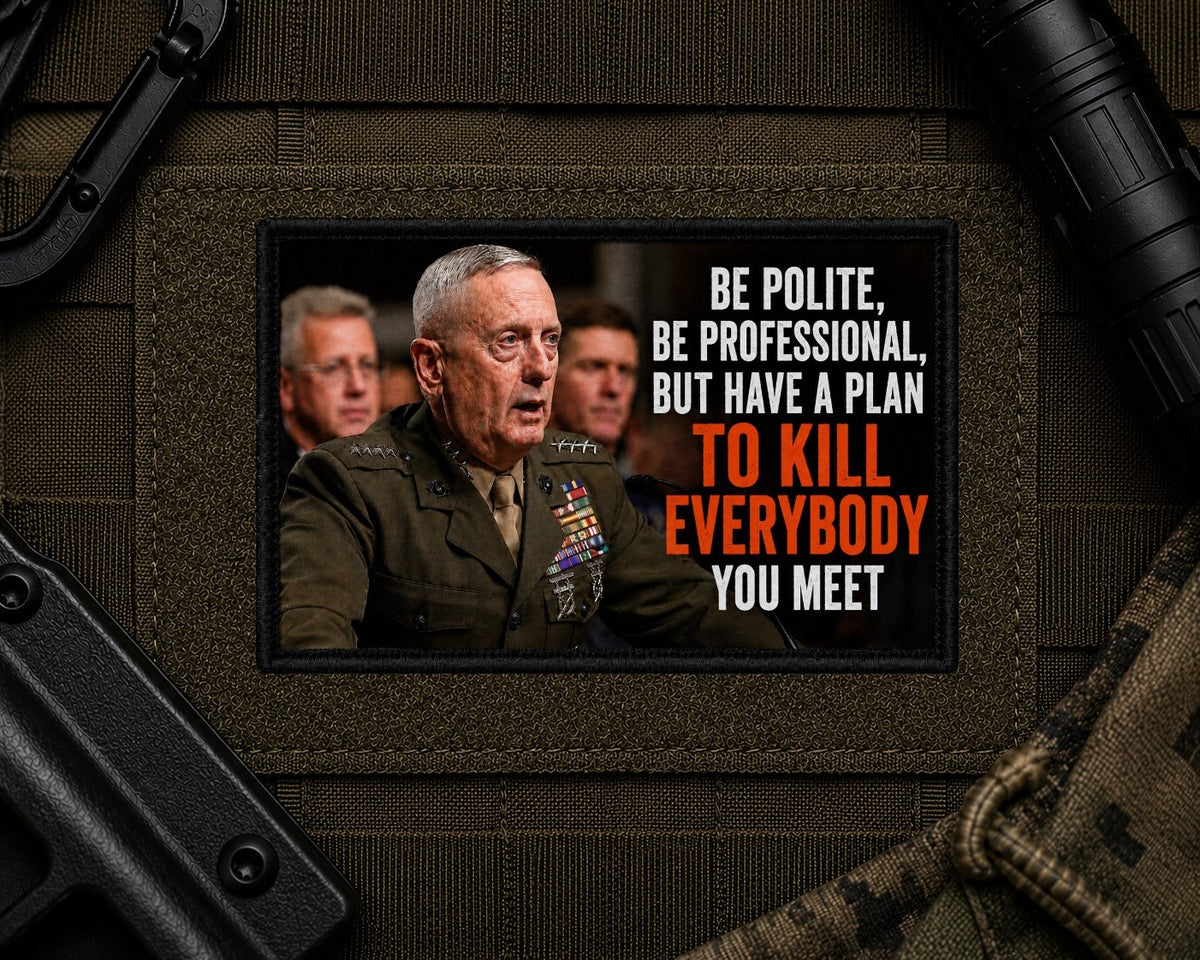 General Mattis Patch design with a black border on tactical gear.