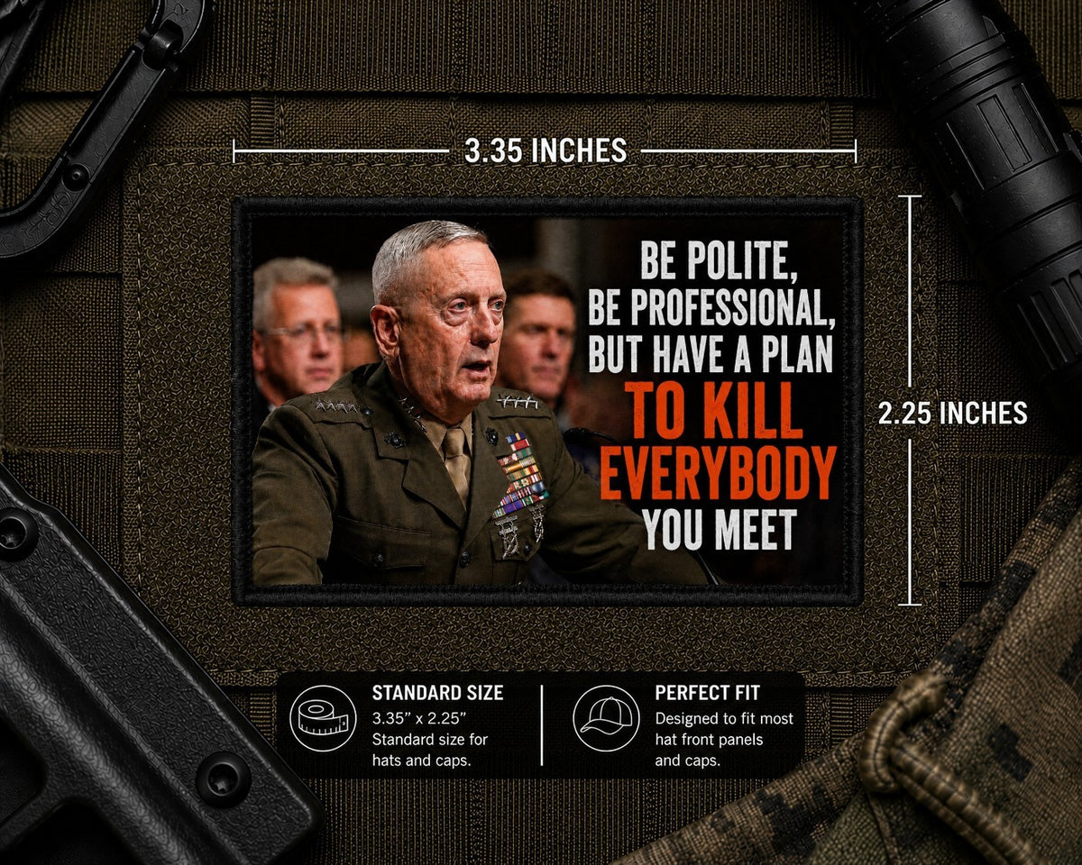 General Mattis Patch with dimensions and backing feature information.