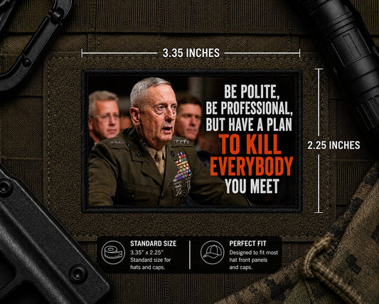 General Mattis Patch with dimensions and backing feature information.