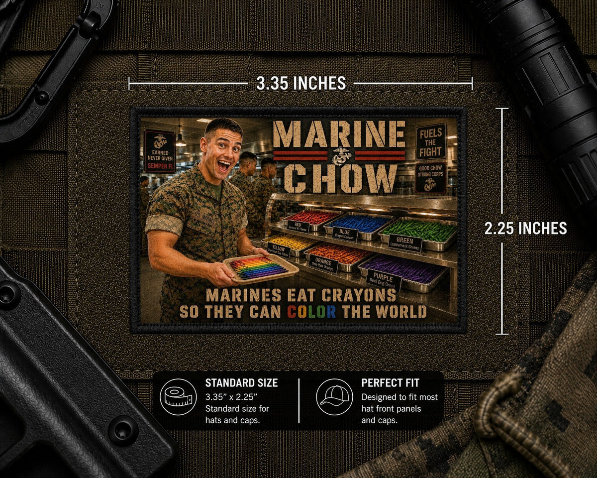 Marine Chow Patch with dimensions and backing feature information.